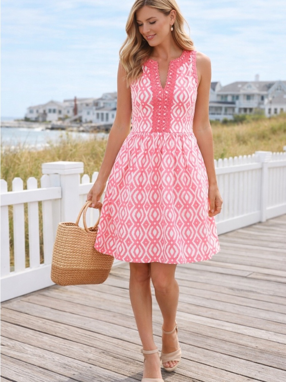 Vineyard Vines Pink Ikat Sleeveless Fit & Flare Dress Size 6 Preppy Quiet Luxury